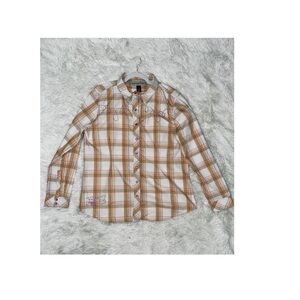 Bit & Bridle Women’s Casual Plaid Shirt - Tan and White